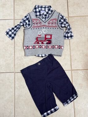 George Grey Sweater Vest & Navy Plaid Shirt Set with Red Train Accent